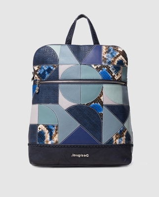 Desigual - Mochila De Mujer Ayax Nanaimo Con Patchwork Combinado En Tonos Azules