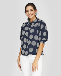 Object - Camisa De Mujer Azul Estampada Con Manga Al Codo en oferta