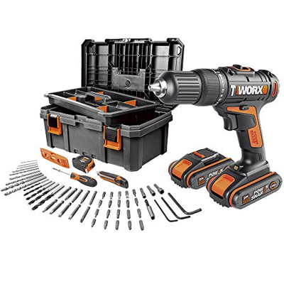 Worx WX371.5 Taladro Percutor 20V 2,0Ah 2Bat + Caja con 55 Herramientas, Negro, Única