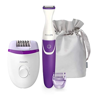 Philips BRP505/00 - Estuche de depilación corporal y bañador con depiladora eléctrica Satinelle Essential, cortapelos de 3 mm y funda de lujo