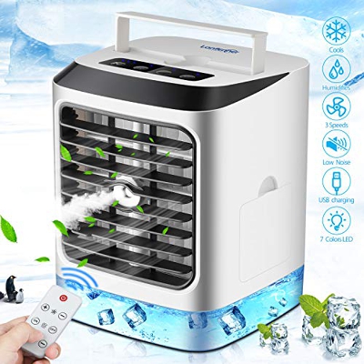 Aire Acondicionado Portátil, Mini Enfriador de Aire, 4 en 1 Mini Ventilador Humidificador Purificador, USB Air Cooler con 3 Velocidades y 7 Colores LE