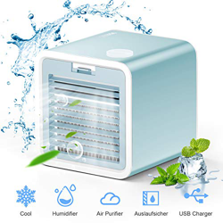 VAZILLIO 3 en 1 Mini Enfriador de Aire, Aire Acondicionado Portátil, Humidificador con Mango, refrigerador de Aire para Trabajo y hogar (Azul Claro) características