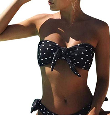 Voqeen Mujeres Cuello Halter Sin Tirantes Bandeau Giro Hacer Subir Lunares Conjunto de Bikini Traje de baño