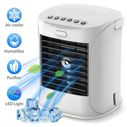 Mini Enfriador Portátil USB Aire Acondicionado con 4 en 1 Ventilador Purificador Humidificador Luces Nocturnas de 7 Colores, 3 Velocidades Ajustable y en oferta