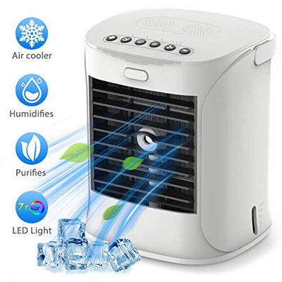 Mini Enfriador Portátil USB Aire Acondicionado con 4 en 1 Ventilador Purificador Humidificador Luces Nocturnas de 7 Colores, 3 Velocidades Ajustable y