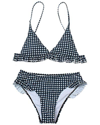 Conjunto de Bikini de Impresión a Cuadros con Volantes para Mujer Traje de Baño de Playa Acolchado Traje de Baño de Bikini de 2 Piezas en oferta