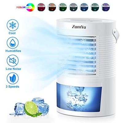 Mansso Mini Enfriador Portátil Aire Acondicionado con 5 en 1 Ventilador Purificador Humidificador Luces Nocturnas de 7 Colores, 3 Velocidades Ajustabl