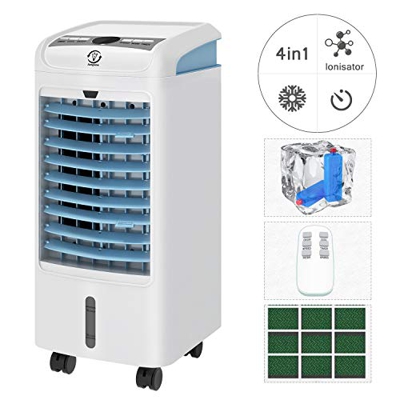 Famgizmo Climatizador Evaporativo Portátil, Función de Enfría, Ventila y Humidifica, 3 Modos y 3 Velocidades, Deposíto de Agua 4L, Temporizador 7,5 H,