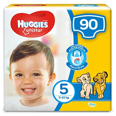 Huggies Unistar - Pentabox, talla 5 (11-19 kg), 5 paquetes de 18 (90 pañales)