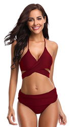 SHEKINI Bikini de Traje de baño de Colores Oscuros para Mujer Bikini de Tirantes Bikini de Cintura Alta de Dos Piezas (L, Vino Tinto) características