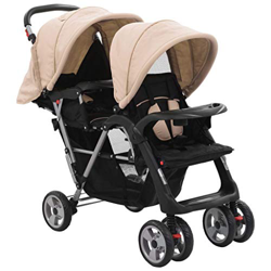 Festnight Carrito Gemelar Silla de Paseo Gemelar Carrito para Dos Bebés Tandem Plegable con Rueda Giratoria Gris Taupe y Negro de Acero en oferta