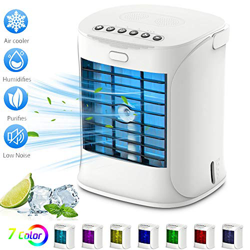 Mini Enfriador Portátil USB Aire Acondicionado con 4 en 1 Ventilador Purificador Humidificador Luces Nocturnas de 7 Colores, 3 Velocidades Ajustable y precio