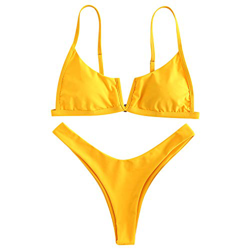 ZAFUL Mujer Sexy acolchado Bikini High Cut Tanga corte V Bañador de verano Beachwear amarillo M en oferta