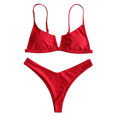 ZAFUL Mujer Sexy acolchado Bikini High Cut Tanga corte V Bañador de verano Beachwear rojo M