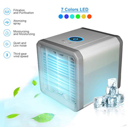 tmtonmoon Mini Aire Acondicionado Portátil, Enfriador de Aire Ventilador Humidificador USB Air Cooler 3 en 1 Velocidades Ajustable 7 Colores LED, para características