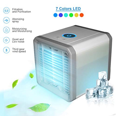 tmtonmoon Mini Aire Acondicionado Portátil, Enfriador de Aire Ventilador Humidificador USB Air Cooler 3 en 1 Velocidades Ajustable 7 Colores LED, para