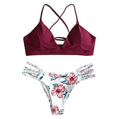 ZAFUL - Bikini trenzado acolchado para mujer, con cordones, diseño floral granate L