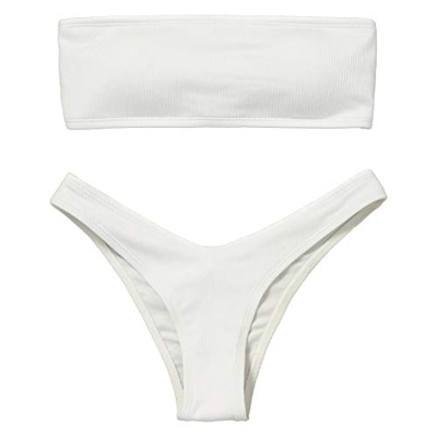 Voqeen Mujeres Sexy Bandeau Traje de baño Cuello Alto sin Tirantes Acanalado Cojín extraíble Conjunto de Bikini de Cintura Baja