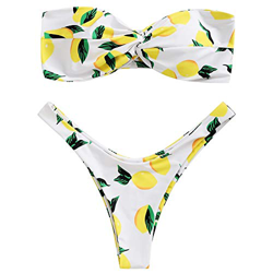 ZAFUL - Bikini tipo bandeau con estampado de piña sin tirantes, corte alto, para mujer Blanco Limón S precio