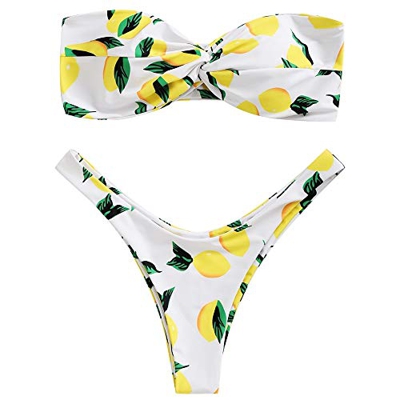 ZAFUL - Bikini tipo bandeau con estampado de piña sin tirantes, corte alto, para mujer Blanco Limón S