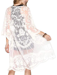 iWoo - Cárdigan kimono sexi para mujer, largo, para proteger del sol en la playa, de encaje floral estilo crochet para cubrirse en la playa. A-blanco  en oferta