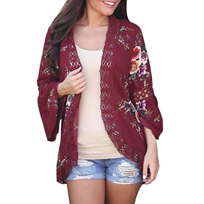 Cardigans Mujer Flores 2019 Nuevo SHOBDW Pareos Casual Cardigans Mujer Kimono Manga 3/4 Tops Blusa Camisa de Protección Solar Verano Cover Up Playa Mu