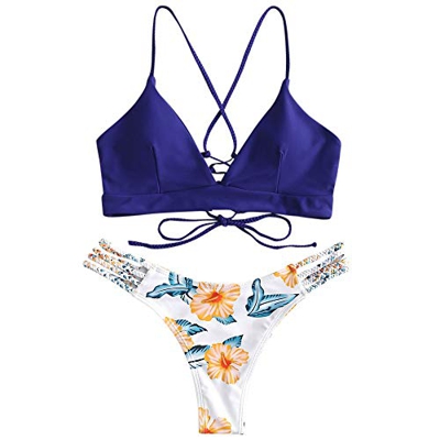 ZAFUL - Bikini de dos piezas con sujetador ajustable en la espalda push-up, triangular, bañador con diseño de flores azul-1 XL