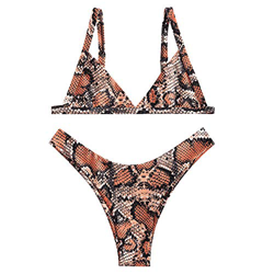 Bikini Zaful con estampado de piel de serpiente. Tiras en los laterales, gran escote en V y talle alto Naranja naranja S en oferta