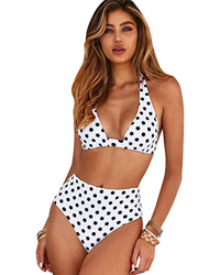 Voqeen Bikini de Cintura Alta para Mujer Conjunto de Cuello Halter Polka Dot Leaves Traje de baño con Estampado de Cuadros Traje de baño de Playa de V en oferta