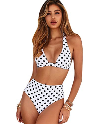 Voqeen Bikini de Cintura Alta para Mujer Conjunto de Cuello Halter Polka Dot Leaves Traje de baño con Estampado de Cuadros Traje de baño de Playa de V