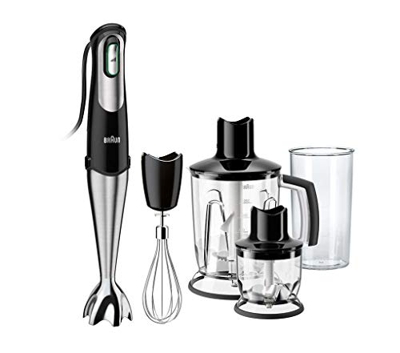 Braun Minipimer MQ745 Aperitif - Batidora de mano, 750 W, accesorio picadora 350 ml, varillas, picador hielo, vaso medidor 0.6 l, negro y plata