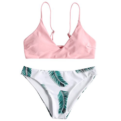 Zaful Bikini acolchado push-up para mujer con diseño de hojas Rosa. S precio