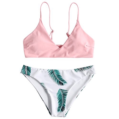 Zaful Bikini acolchado push-up para mujer con diseño de hojas Rosa. S