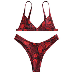 Bikini Zaful con estampado de piel de serpiente. Tiras en los laterales, gran escote en V y talle alto Rojo rosso L características