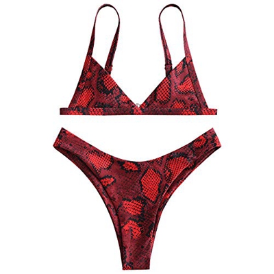 Bikini Zaful con estampado de piel de serpiente. Tiras en los laterales, gran escote en V y talle alto Rojo rosso L