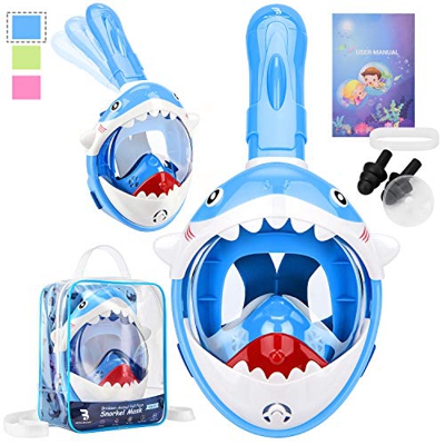 bridawn Máscara de Snorkel Cara Completa para niños Diseño Lindo con Mochila portátil Máscaras de Buceo Submarino Easy Breathe Antivaho Antifugas Tubo