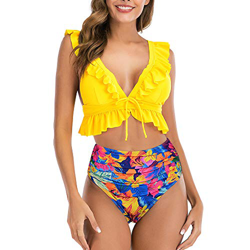 Conjunto de Bikini con Volantes Push up, 2 Piezas de Talle Alto, Cuello en V Profundo, Traje de baño de Playa Acolchado para Mujer (Amarillo, 2XL) en oferta