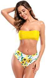 SHEKINI Mujer Traje de Baño con Bandeau Dividido Bikini Bañador Estampado de Cintura Alta (L, Amarillo Limón) en oferta