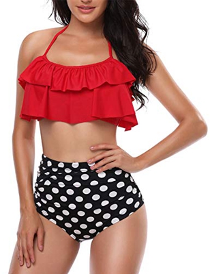 Yuson Girl Mujer Conjunto De Frill Bikini Tiras Talle Alto Tallas Grandes Sexy Traje De Baño Cuello Halter Vintage Vientre Plano con Volantes Top Biki