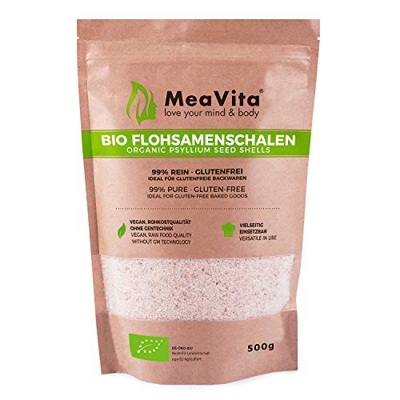 Meavita Cáscara de Psyllium Orgánica Alta En Fibra y Vegana, 500 g