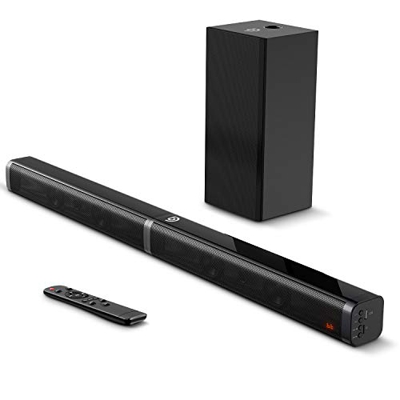 Barra de Sonido 2.1 para TV, BOMAKER 4K&HD 100W con Subwoofer, Potencia 110 dB, Bluetooth 5.0, 5 Modos de Sonido, Óptico, 3,5 mm AUX, USB, para Cine e