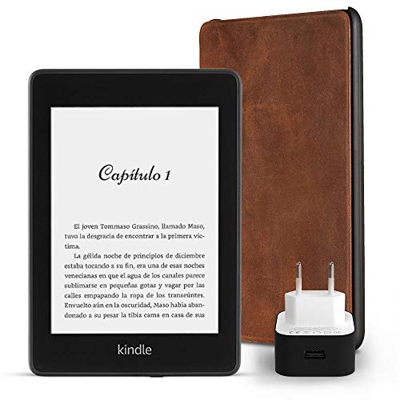 Kit Esencial Kindle Paperwhite, incluye un e-reader Kindle Paperwhite, 8 GB, wifi, sin ofertas especiales, una funda Amazon de cuero de alta calidad y