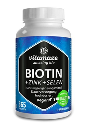 Vitamaze® Biotina 10000 mcg de Dosis Alta + Selenio + Zinc para Crecimiento del Cabello, Cabello y Uñas - 365 Tabletas Veganas para 1 Año, Calidad Ale