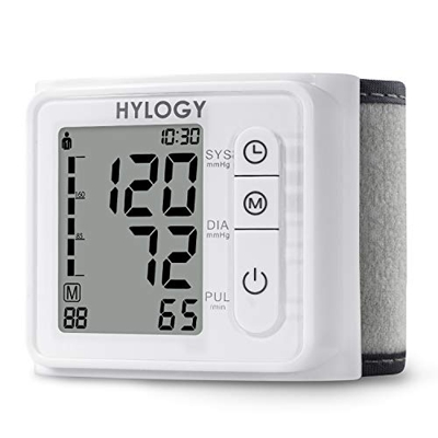 Tensiómetro de muñeca HYLOGY Monitor de Presión Digital de presión arterial y pulso totalmente automática con 2 * 90 memorias, alta precisión, pantall