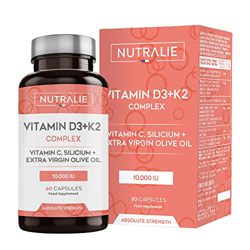 Vitamina D3 10.000 UI + K2 MK7 Alta Dosis | Contribuye al Sistema Inmunitario, Huesos y Músculos con Vitamina D3, K2, C, Silicio y Aceite de Oliva Vir características