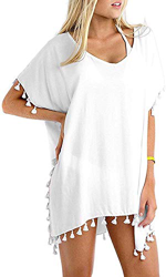 Vestido de Playa Traje de Baño Camisolas y Pareos Playero con Borla para Verano (Blanco) en oferta