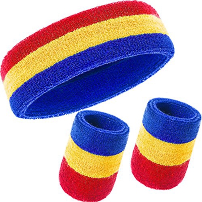 Juego de 3 Piezas de Muñequeras, Incluye Diadema Deportiva y Muñequera de Pulsera de Algodón de Rayas Banda de Sudor para Atléticos Hombres y Mujeres 