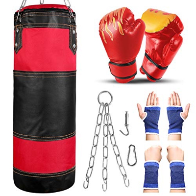 Odoland Saco de Boxeo Set 7-In-1 para Niños Sin Relleno, 2 pies/60 cm Saco de Boxeo Pesado con Guantes de Boxeo de 6 oz y Mangas Protectoras para Mano