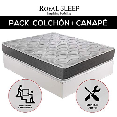 ROYAL SLEEP - Pack Descanso colchón viscoelástico Ceramic 150x190 y canapé abatible Gran Capacidad Blanco Madera