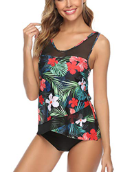 Aibrou Mujer Blouson Tankini Traje de baño Impreso/Color Sólido Camiseta sin Mangas Top y Pantalones Cortos 2 Piezas Traje de baño Adelgazante Halter  características